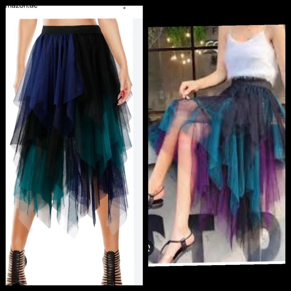 High Low Tulle Tutu Midi Skirt Punk Skirt PLUS Potter's Pot Sheer Star Mesh Top●